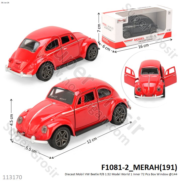 Diecast Mobil VW Beetle P/B 1:32 Model World 1 Inner 72 Pcs Box Window @144