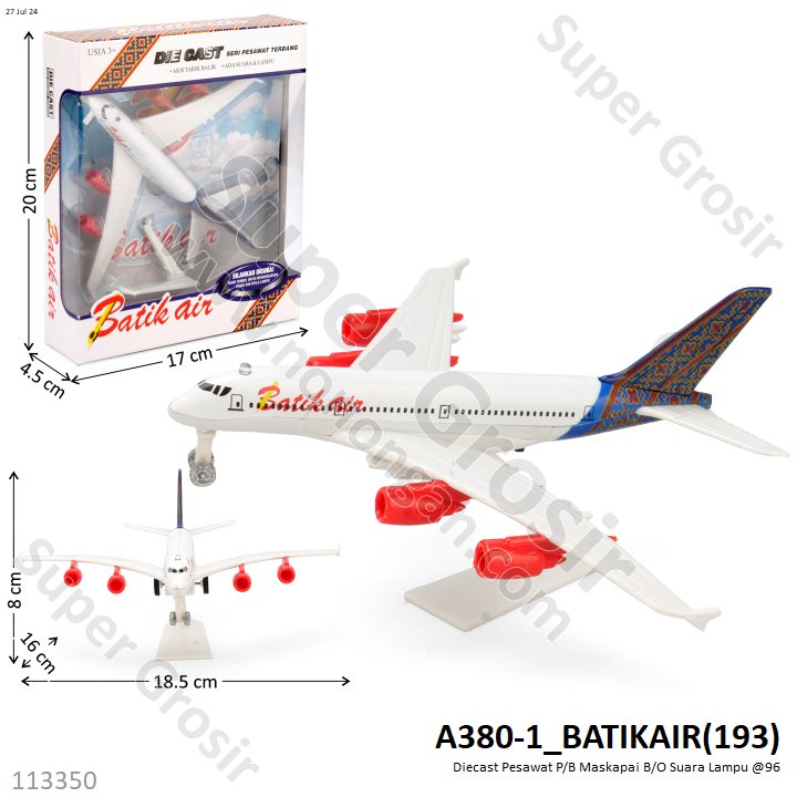 Diecast Pesawat P/B Maskapai B/O Suara Lampu Box Window @1