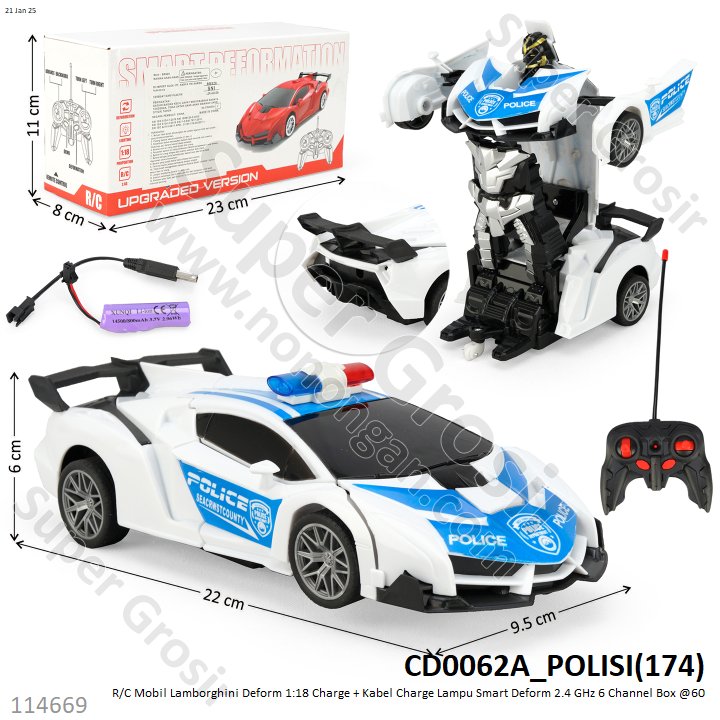 R/C Mobil Sedan Lamborghini Deform 1:18 Charge + Kabel Charge Lampu Deform Robot 2.4 GHz 6 Channel Box @60