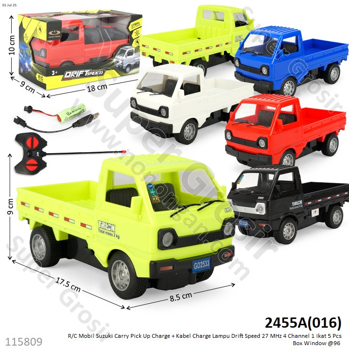 R/C Mobil Suzuki Carry Pick Up Charge + Kabel Charge Lampu Drift Speed 27 MHz 4 Channel 2455A 1 Ikat 5 Pcs Box Window @96