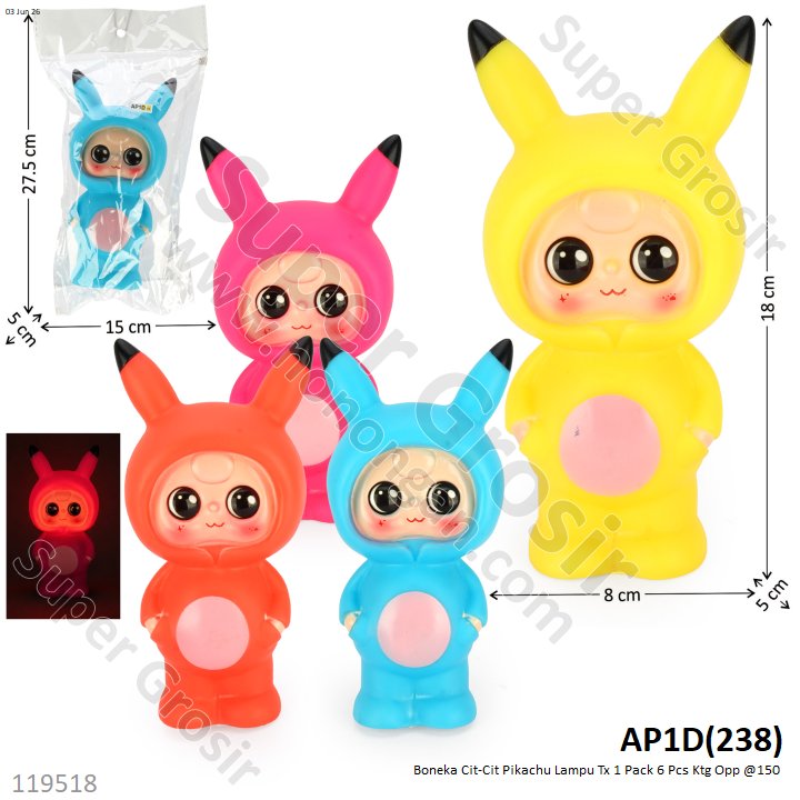 Boneka Cit-Cit Pikachu Lampu Tx 1 Pack 6 Pcs Ktg Opp @150