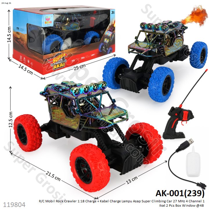 R/C Mobil Rock Crawler 1:18 Charge + Kabel Charge Lampu Asap Super Climbing Car 27 MHz 4 Channel 1 Ikat 2 Pcs Box Window @48