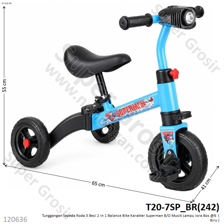 Tunggangan Sepeda Roda 3 Besi 2 In 1 Balance Bike Karakter Superman B/O Musik Lampu Iora Box @6