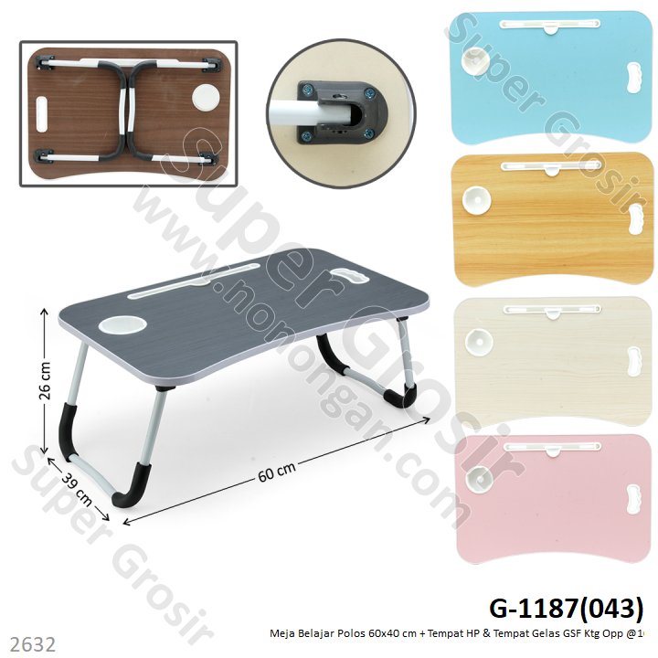 Meja Belajar Polos 60x40 cm + Tempat HP &amp; Tempat Gelas GSF Ktg Opp @10