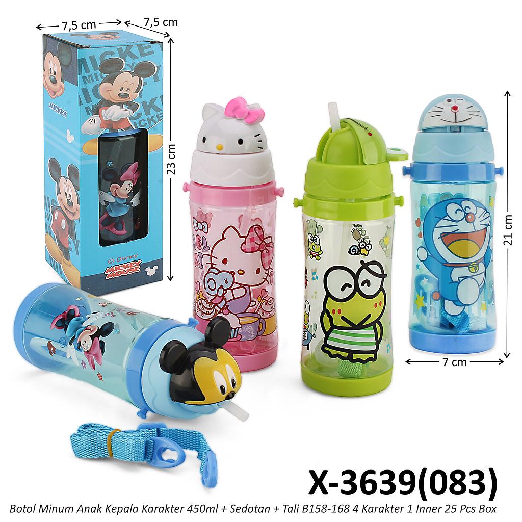 Botol Minum Anak Kepala Karakter 450ml + Sedotan + Tali B158-168 4 Karakter 1 Inner 25 Pcs Box Window @100