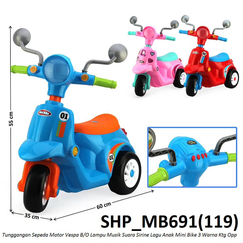 Tunggangan Sepeda Balance Bike Motor Vespa B/O Suara Sirine Musik Lagu Anak Lampu Mini Bike Ktg Opp @6
