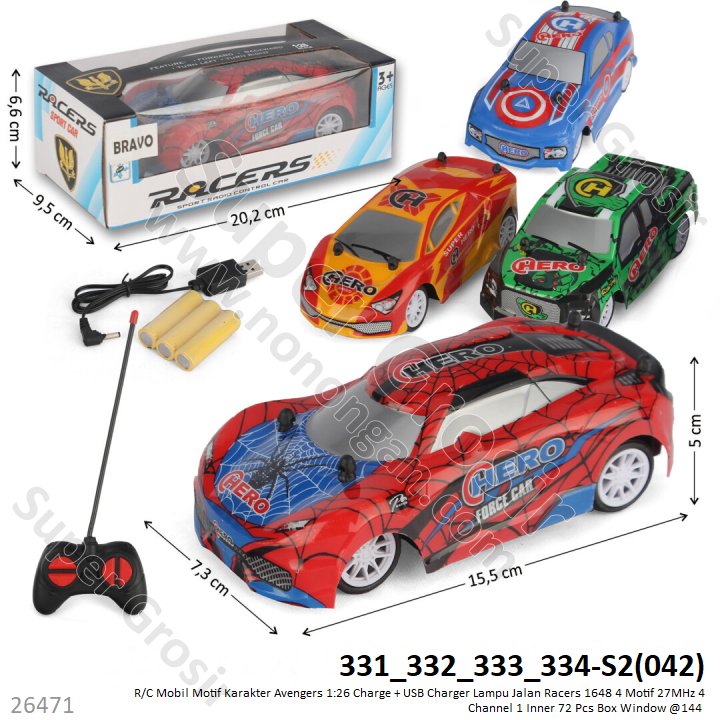 R/C Mobil Avengers Charge + USB Charger 1:26 Lampu Racers 1648 16 cm 2 Model (Sedan / Pick Up) 4 Karakter 27 MHz 4 Channel 1 Inner 72 Pcs Box Window @144