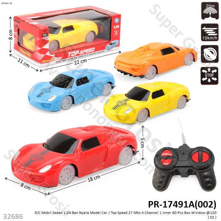 R/C Mobil Sedan 1:24 Ban Nyala Model Car / Top Speed 27 MHz 4 Channel 1 Ikat 4 Pcs 1 Inner 60 Pcs Box Window @120
