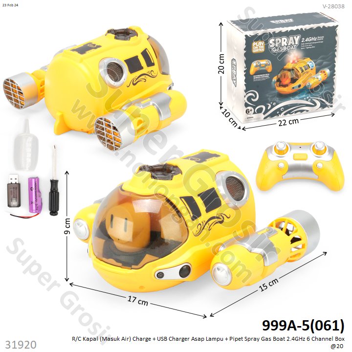 R/C Kapal Selam Charge + USB Charger Lampu Asap Spray Gas Boat 2.4 GHz 6 Channel Box @20