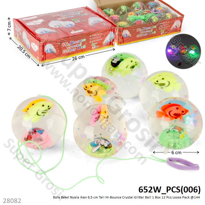 Bola Bekel Nyala Ikan 6,5 cm + Tali Super Duper Glitter Ball 1 Box 12 Pcs Loose Pack @144