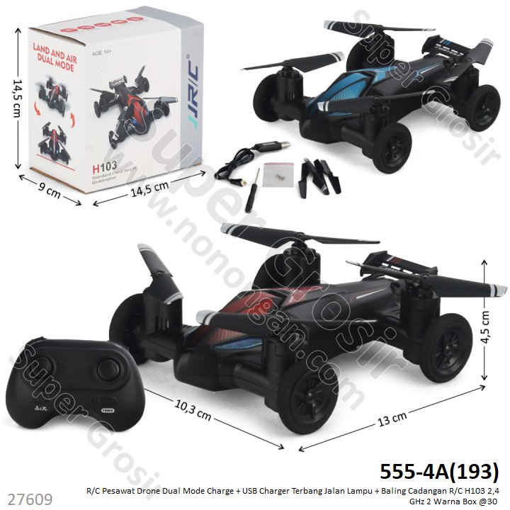 R/C Drone Mobil Dual Mode Charge + USB Charger Terbang Jalan Lampu + Baling Cadangan R/C H103 2.4 GHz 2 Warna Box @30
