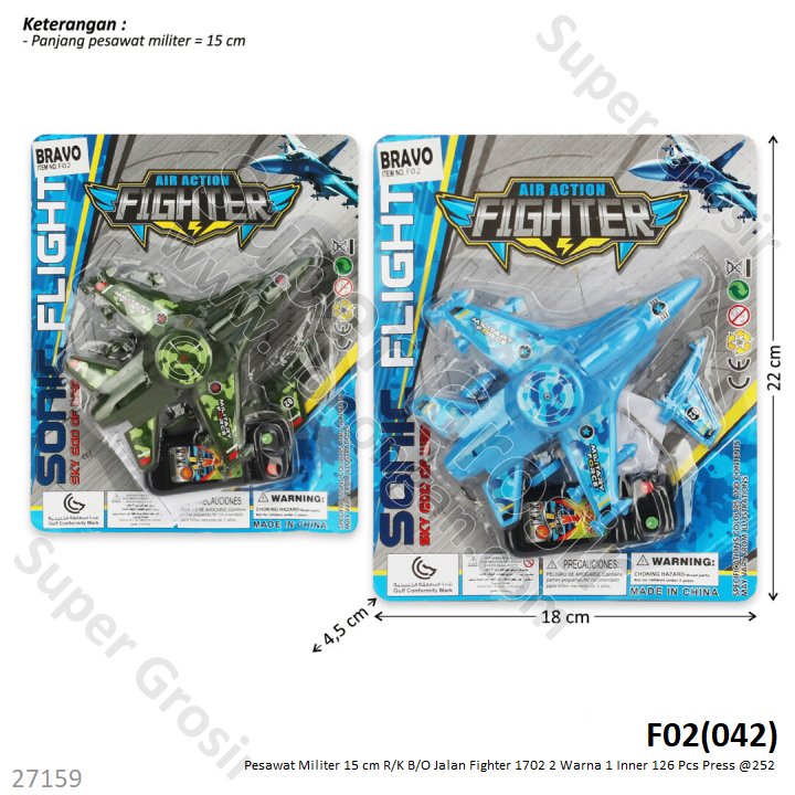 R/C Kabel Pesawat Tempur 15 cm B/O Jalan Fighter 1702 2 Warna 1 Inner 126 Pcs Press @252