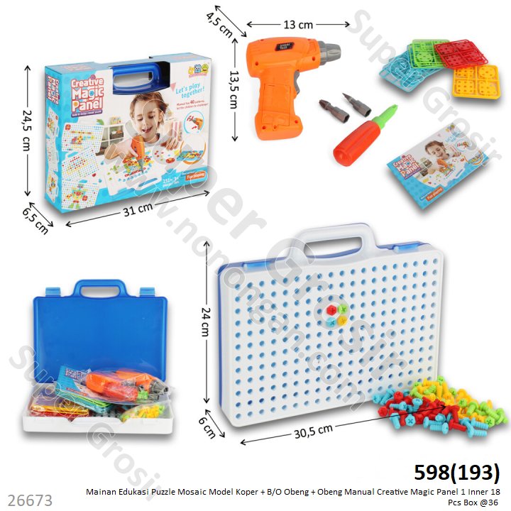 Mainan Tool Set Koper Obeng B/O Obeng Manual Panel dan Sekrup Creative Magic Panel 1 Inner 18 Pcs Box @36