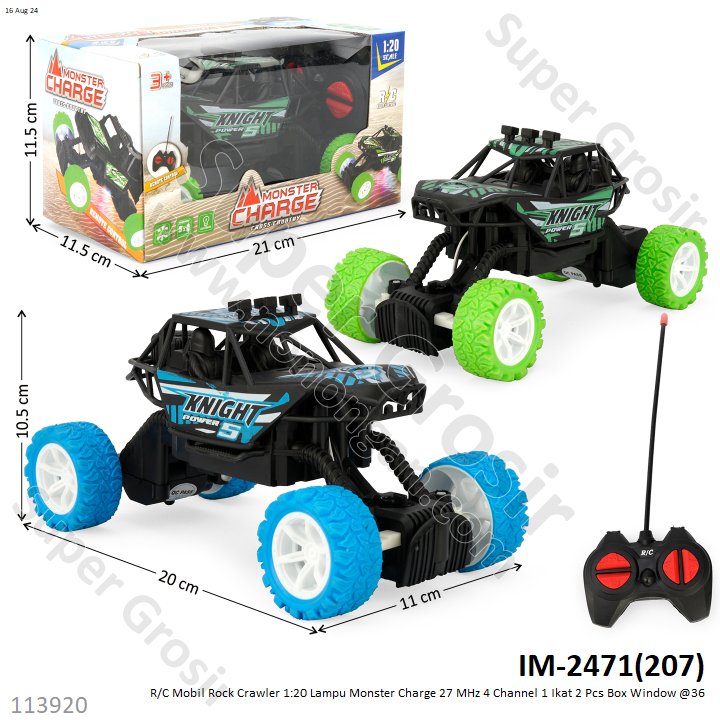R/C Mobil Rock Crawler 1:20 Lampu Monster Charge 27 MHz 4 Channel 1 Ikat 2 Pcs Box Window @36