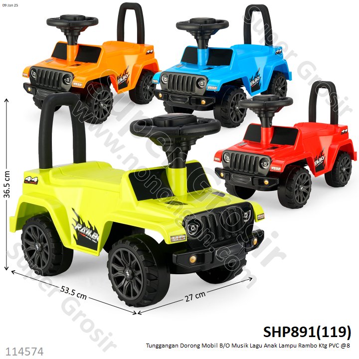 Tunggangan Mobil Jeep + Sandaran Dorong B/O Musik Lagu Anak Lampu Rambo Ktg PVC @8