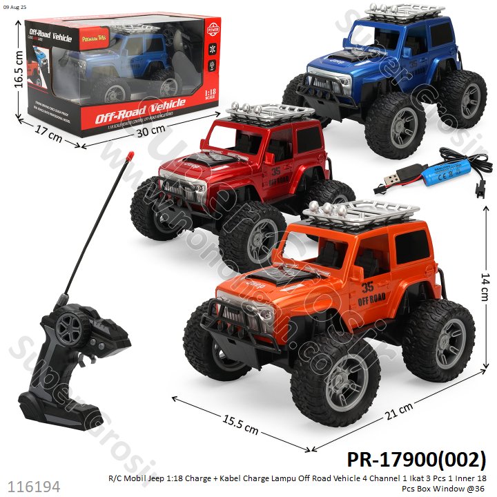 R/C Mobil Jeep 1:18 Charge + Kabel Charge Lampu Off Road Vehicle 4 Channel 1 Ikat 3 Pcs 1 Inner 18 Pcs Box Window @36