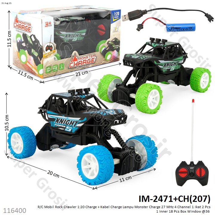R/C Mobil Rock Crawler 1:20 Charge + Kabel Charge Lampu Monster Charge 27 MHz 4 Channel 1 Ikat 2 Pcs 1 Inner 18 Pcs Box Window @36