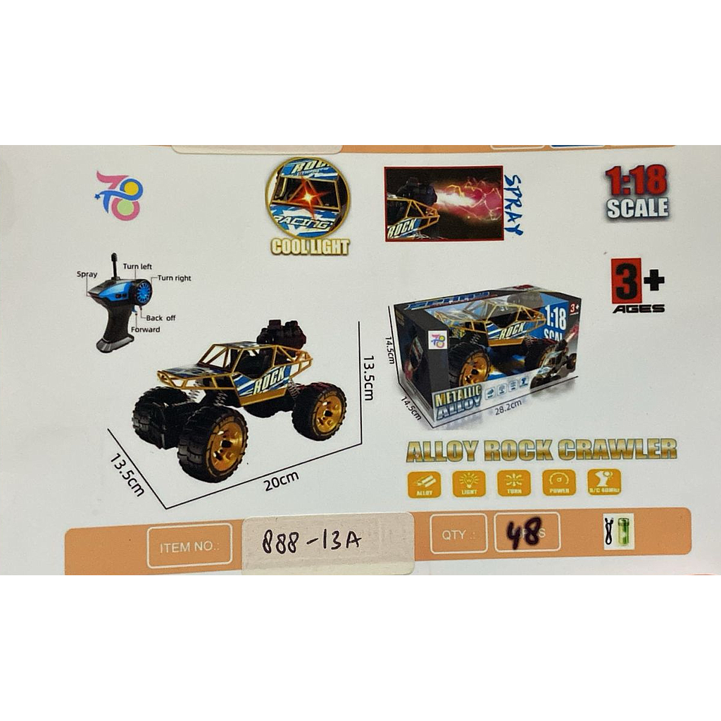 R/C Mobil Rock Crawler 1:18 Charge + Kabel Charger Lampu Spray Metallic Alloy 40 MHz 5 Channel 888-13A 1 Inner 24 Pcs Box Window @48