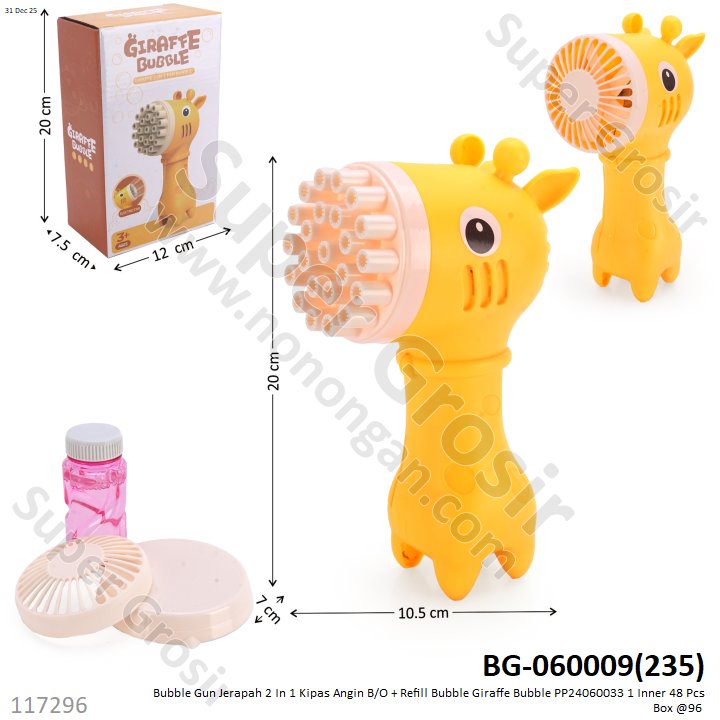 Bubble Gun Jerapah 2 In 1 Kipas Angin B/O + Refill Bubble Giraffe Bubble PP24060033 1 Inner 48 Pcs Box @96