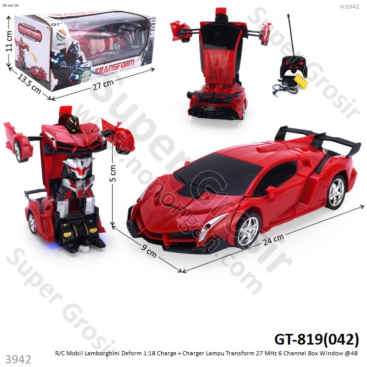 R/C Mobil Lamborghini Deform 1:18 Charge + Charger Lampu Transform 27 MHz 6 Channel Box Window @48