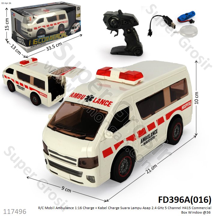 R/C Mobil Ambulance 1:16 Charge + Kabel Charge Suara Lampu Asap 2.4 GHz 5 Channel H415 Commercial Box Window @36