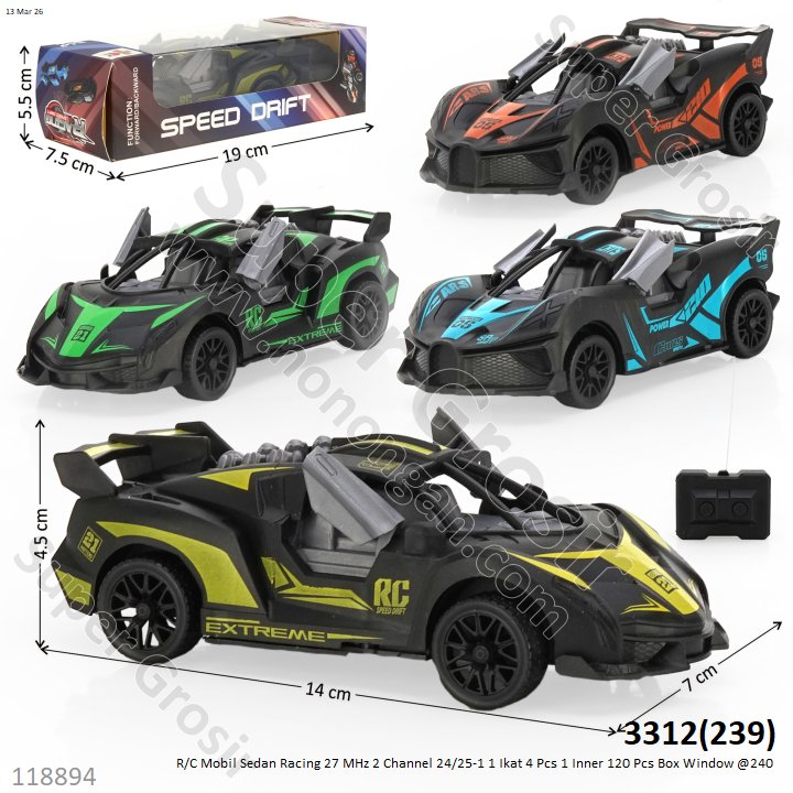 R/C Mobil Sedan Racing 27 MHz 2 Channel 3312 1 Ikat 4 Pcs 1 Inner 120 Pcs Box Window @240