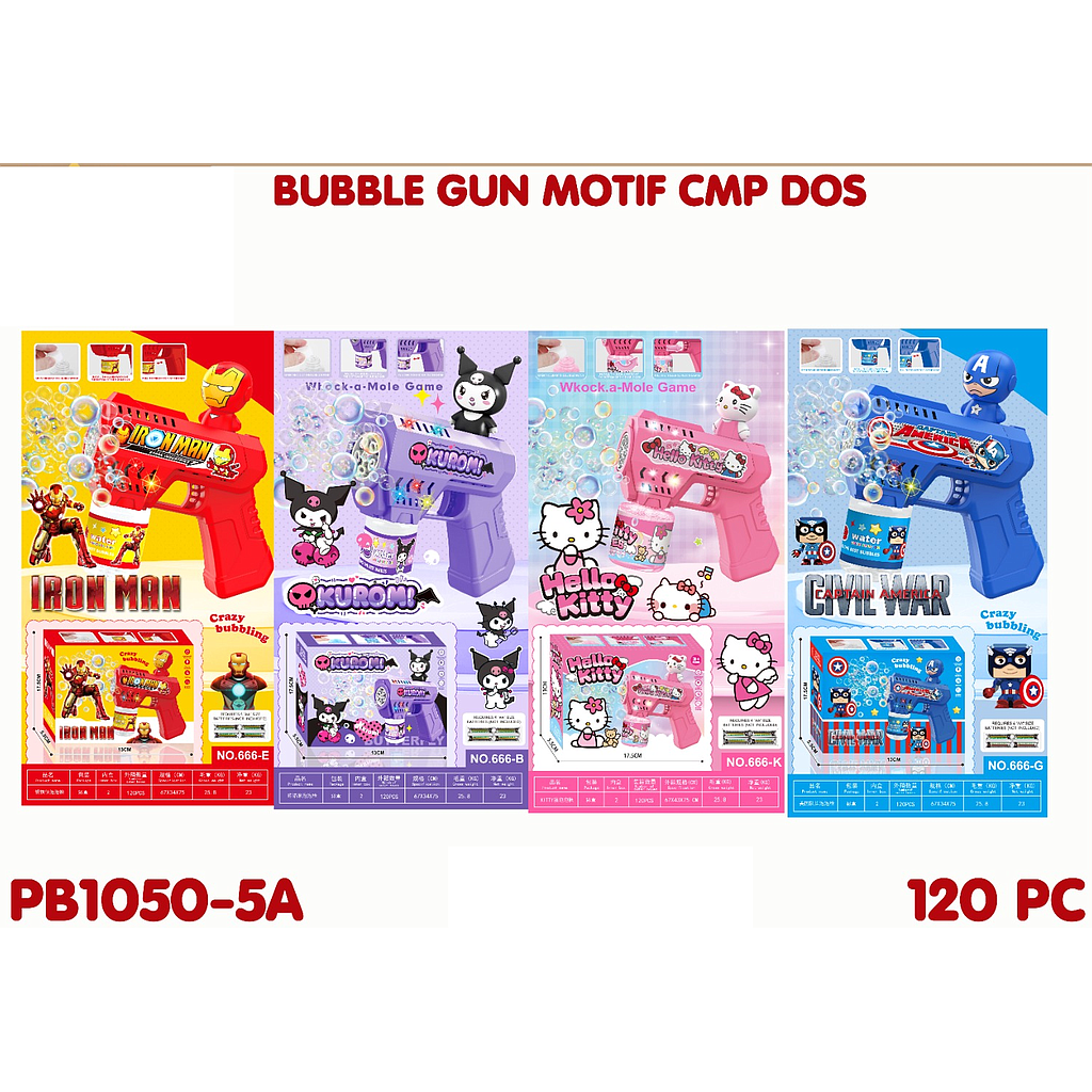 Bubble Gun Karakter 6 Lubang B/O Lampu + Refill Bubble Box @120