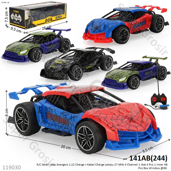 R/C Mobil Jeep Avengers 1:22 Charge + Kabel Charge Lampu 27 MHz 4 Channel 1 Ikat 3 Pcs 1 Inner 48 Pcs Box Window @96