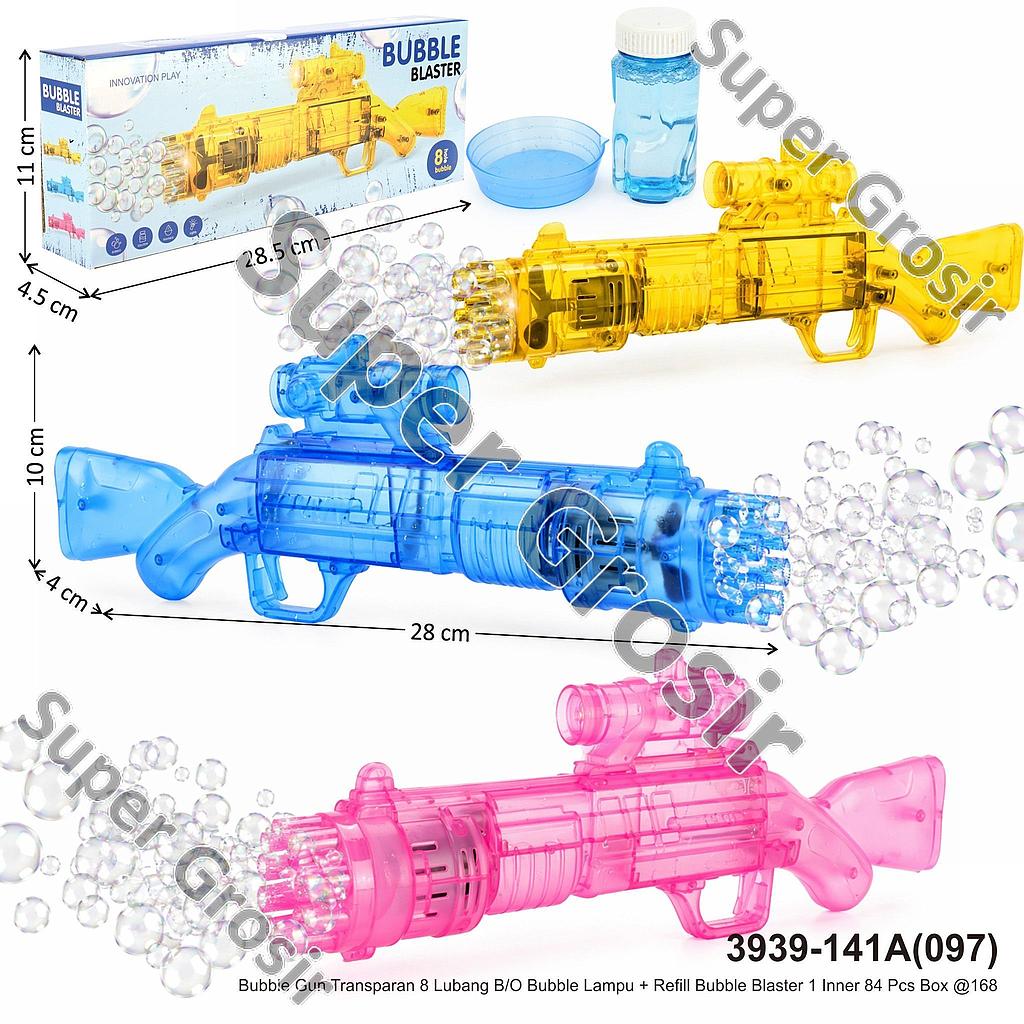 Bubble Gun Transparan 8 Lubang B/O Bubble Lampu + Refill Bubble Blaster 1 Inner 84 Pcs Box @168