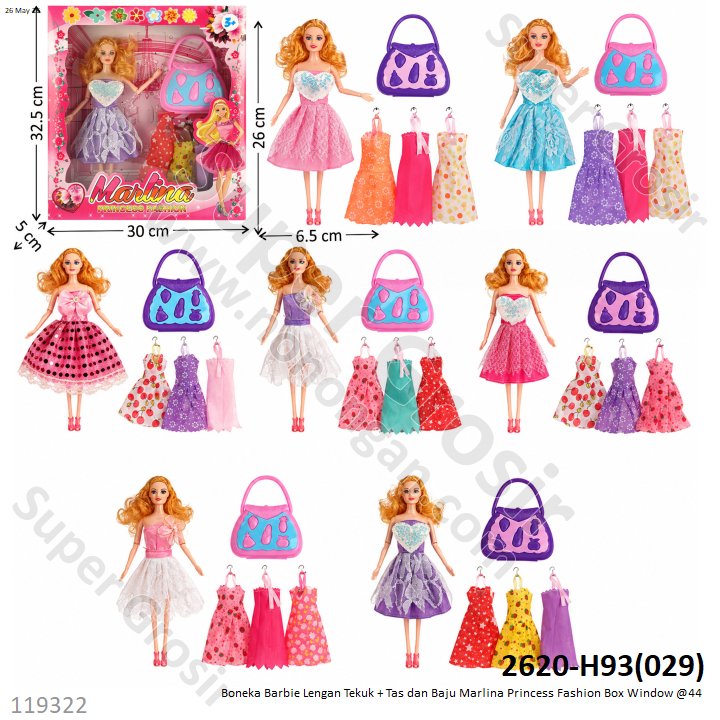 Boneka Barbie Lengan Tekuk + Tas dan Baju Marlina Princess Fashion Box Window @44