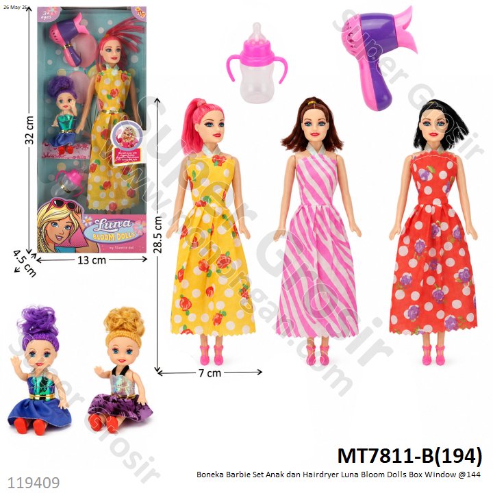 Boneka Barbie Set Anak dan Hairdryer Luna Bloom Dolls Box Window @144