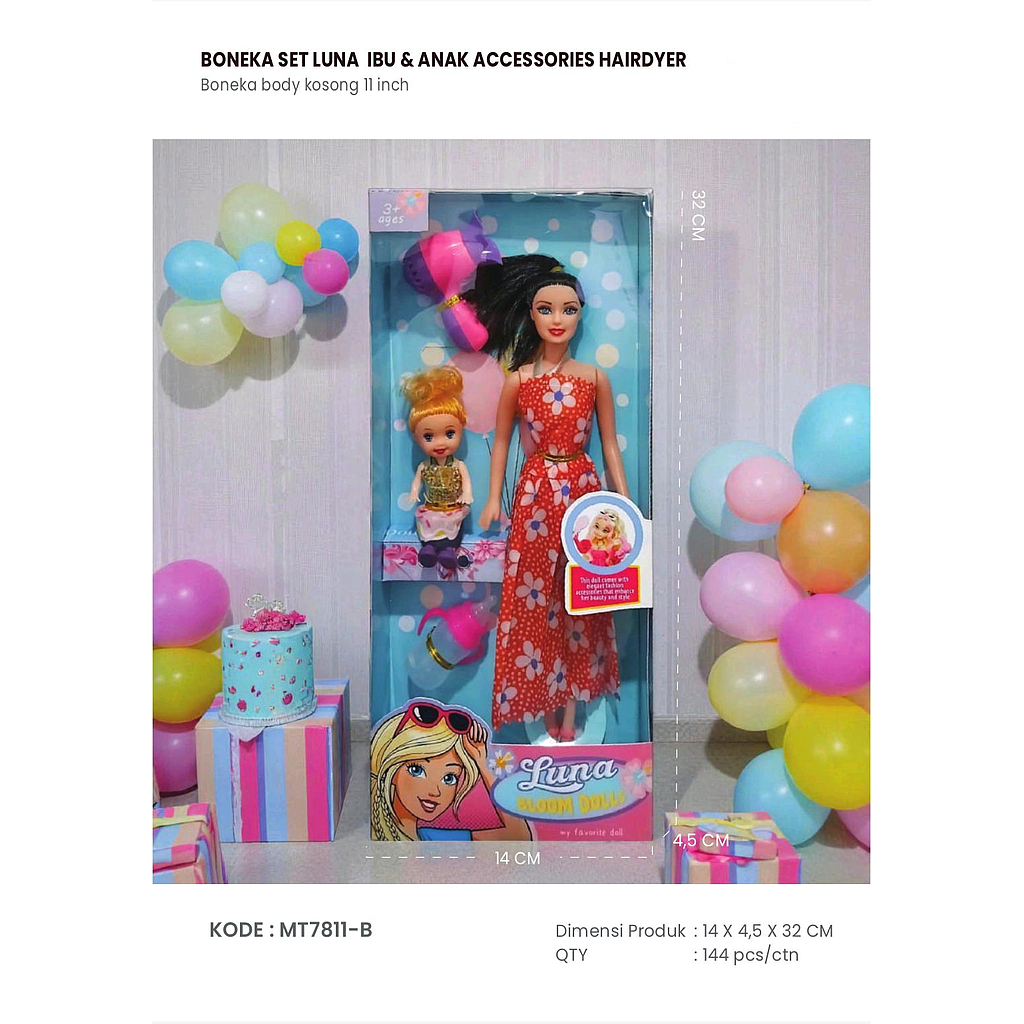 Boneka Barbie Set Anak dan Hairdryer Luna Bloom Dolls Box Window @144