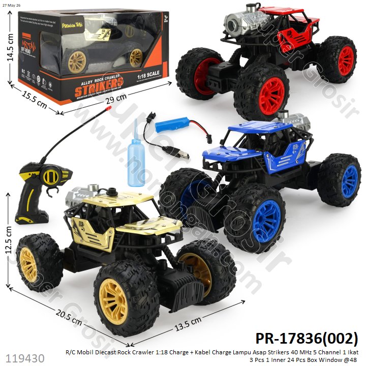 R/C Mobil Diecast Rock Crawler 1:18 Charge + Kabel Charge Lampu Asap Strikers 40 MHz 5 Channel 1 Ikat 3 Pcs 1 Inner 24 Pcs Box Window @48