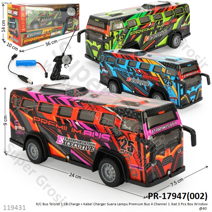 R/C Bus Telolet 1:18 Charge + Kabel Charger Suara Lampu Premium Bus 4 Channel 1 Ikat 3 Pcs Box Window @60