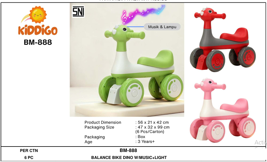Tunggangan Sepeda Balance Bike Dino B/O Musik Lampu Kiddigo 1 Inner 1 Pcs Box @6