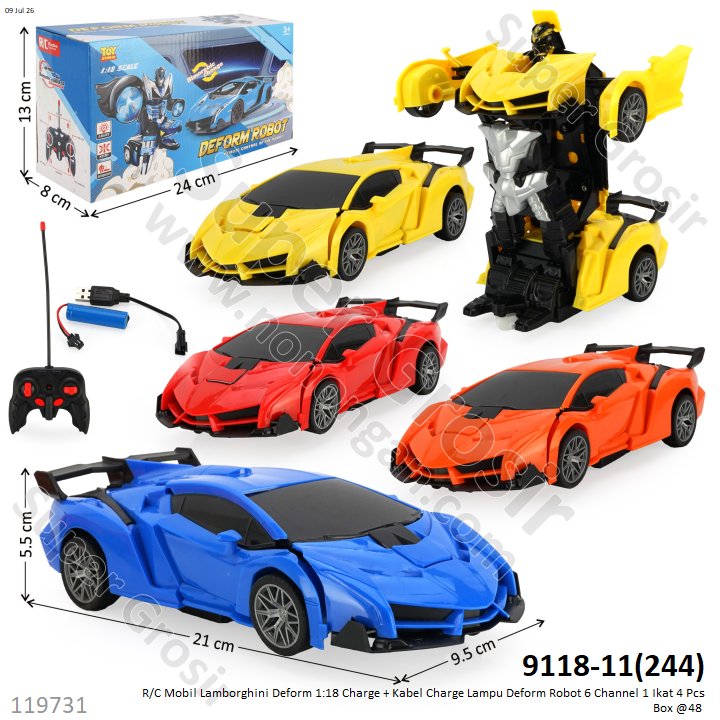R/C Mobil Lamborghini Deform 1:18 Charge + Kabel Charge Lampu Deform Robot 6 Channel 1 Ikat 4 Pcs Box @48