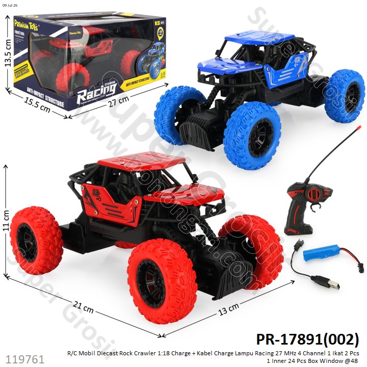 R/C Mobil Diecast Rock Crawler 1:18 Charge + Kabel Charge Lampu Racing 27 MHz 4 Channel 1 Ikat 2 Pcs 1 Inner 24 Pcs Box Window @48