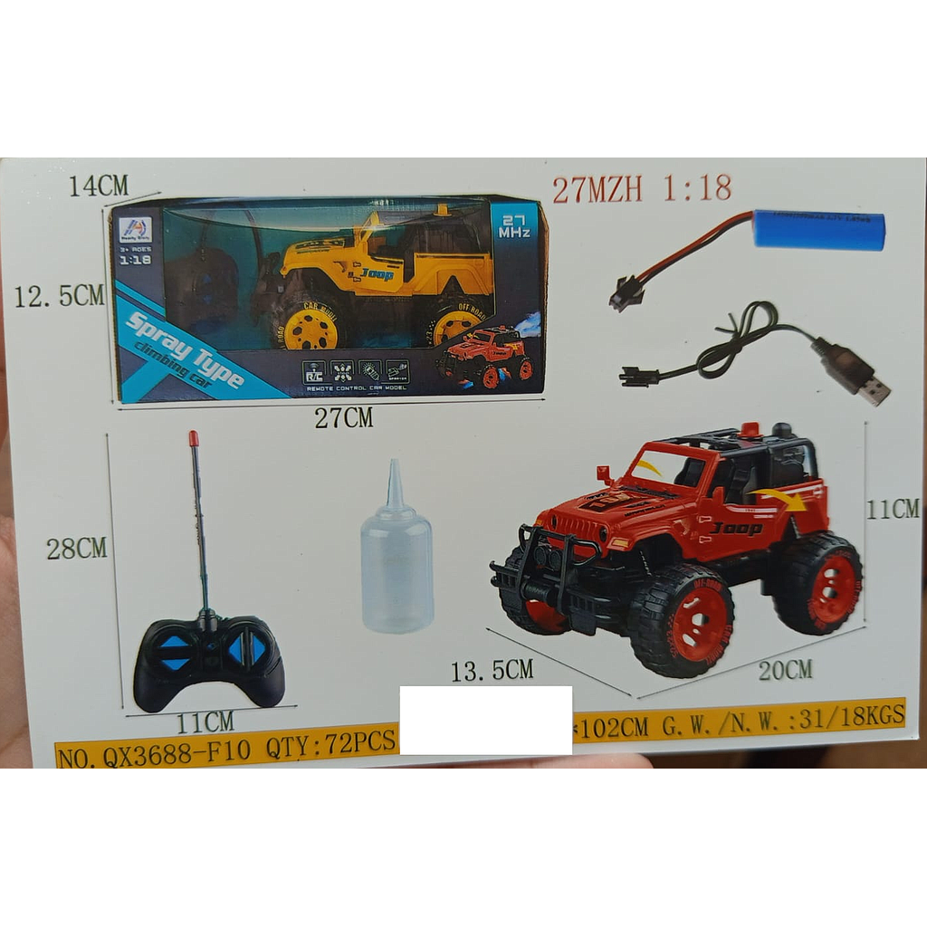 R/C Mobil Jeep 1:18 Charge + Kabel Charge Lampu Asap Spray Type 27 MHz 5 Channel 1 Ikat 2 Pcs Box Window @72