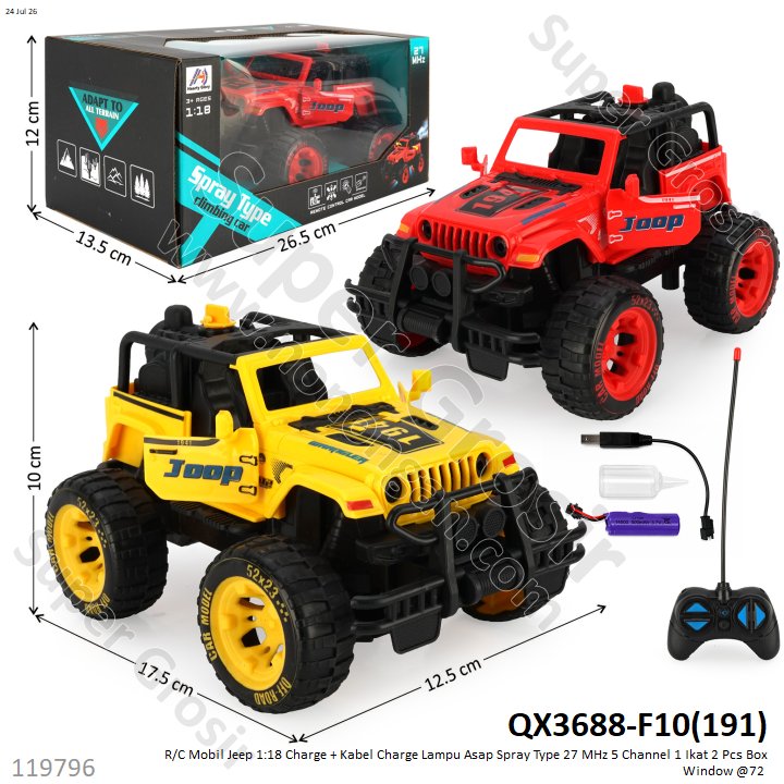 R/C Mobil Jeep 1:18 Charge + Kabel Charge Lampu Asap Spray Type 27 MHz 5 Channel 1 Ikat 2 Pcs Box Window @72