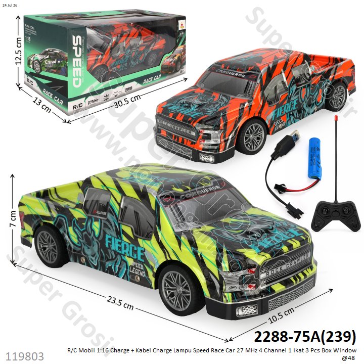 R/C Mobil 1:16 Charge + Kabel Charge Lampu Speed Race Car 27 MHz 4 Channel 1 Ikat 3 Pcs Box Window @48