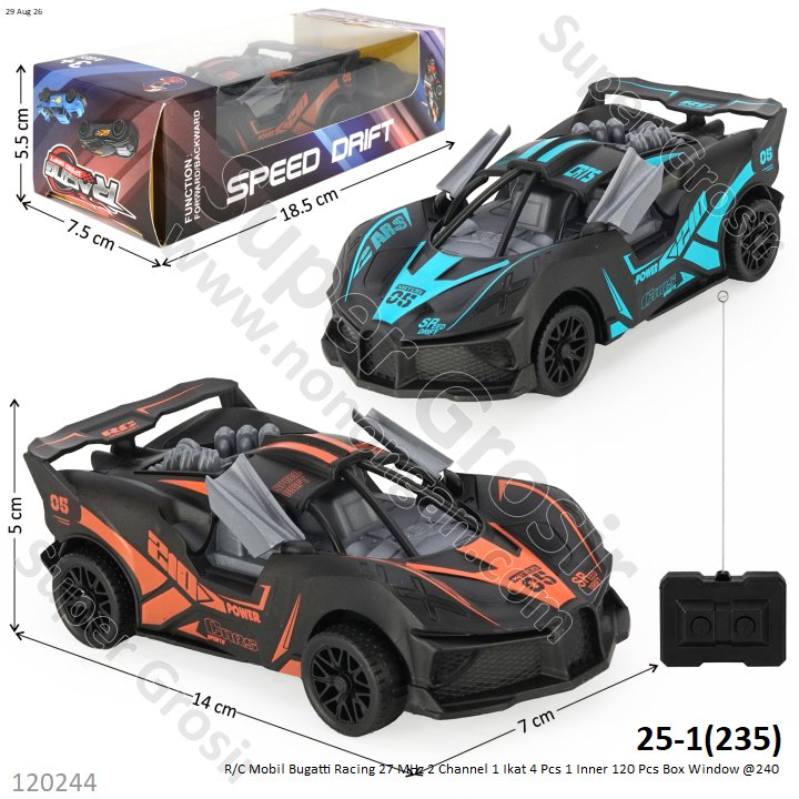 R/C Mobil Bugatti Racing 27 MHz 2 Channel 1 Ikat 4 Pcs 1 Inner 120 Pcs Box Window @240