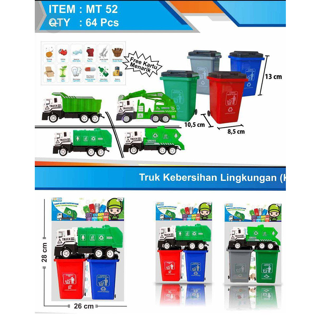 Truk Sampah 2 Pcs P/B + 2 Tempat Sampah Set Kebersihan Ktg PVC @64