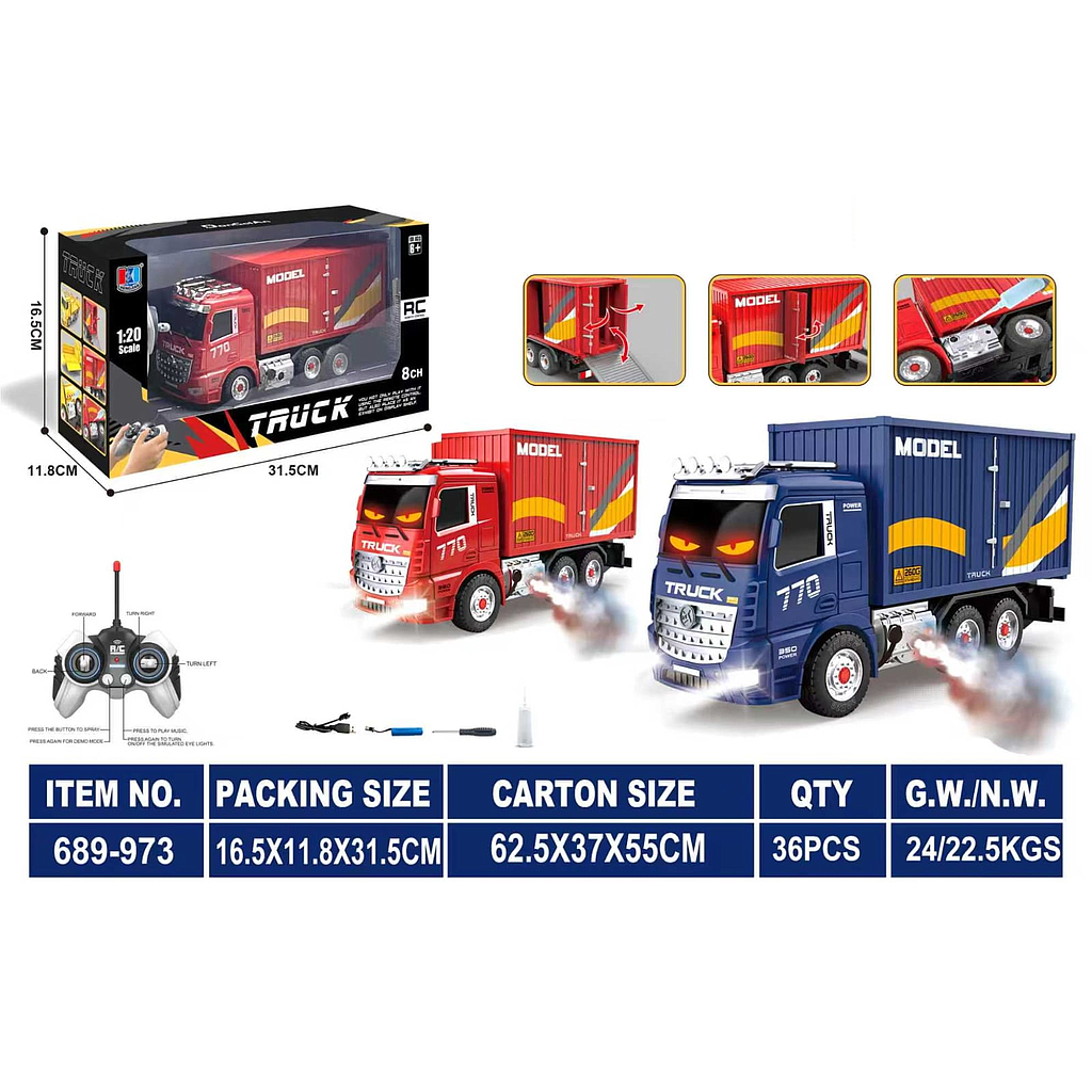 R/C Truk Kontainer 1:20 Charge + Kabel Charge Suara Asap Lampu Mata Kedip Truck 49 MHz 6 Channel 1 Ikat 2 Pcs Box Window @36