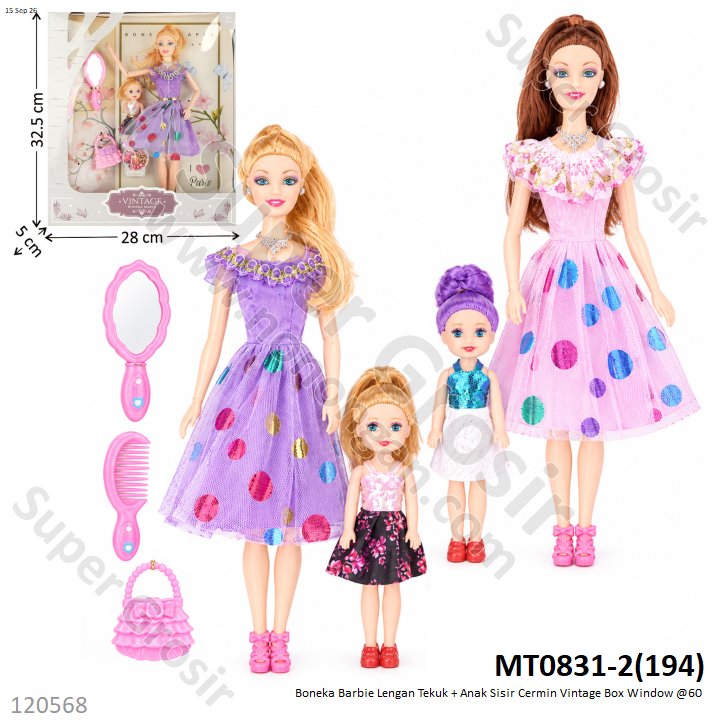 Boneka Barbie Lengan Tekuk + Anak Sisir Cermin Vintage Box Window @60