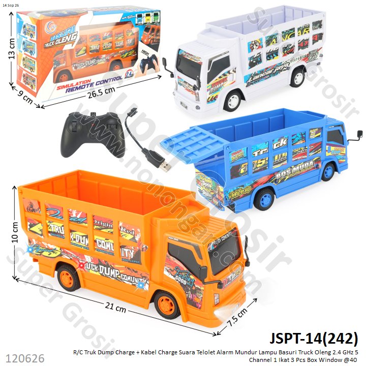 R/C Truk Dump Charge + Kabel Charge Suara Telolet Alarm Mundur Lampu Basuri Truck Oleng 2.4 GHz 5 Channel 1 Ikat 3 Pcs Box Window @40