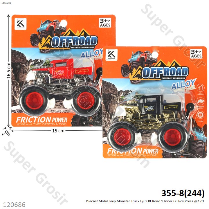 Diecast Mobil Jeep Monster Truck F/C Off Road 1 Inner 60 Pcs Press @120