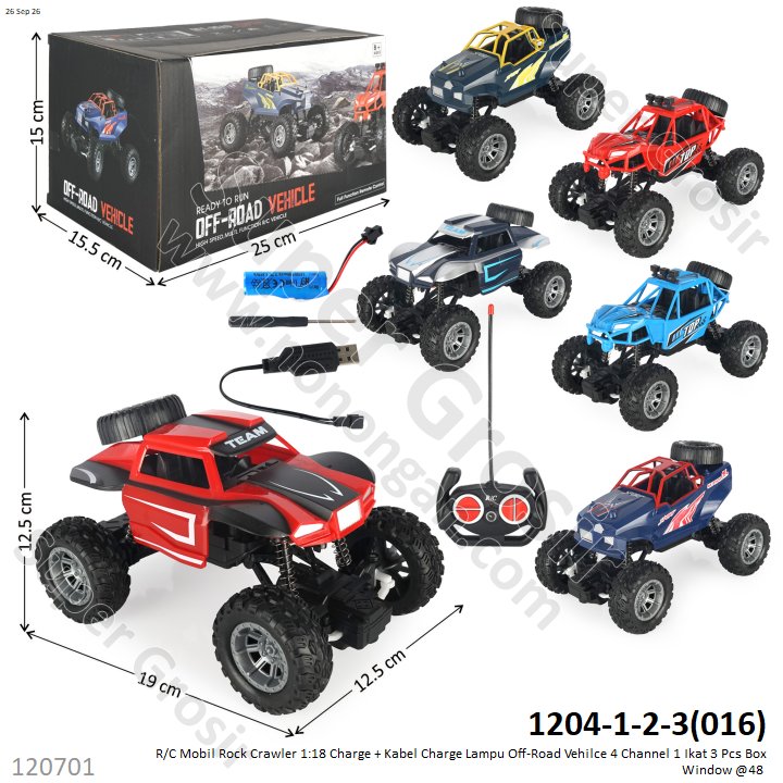 R/C Mobil Rock Crawler 1:18 Charge + Kabel Charge Lampu Off-Road Vehilce 4 Channel 1 Ikat 3 Pcs Box Window @48