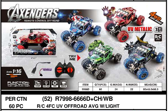 R/C Mobil Rock Crawler Avengers UV Metalik 1:16 Charge + Kabel Charge Lampu Axengers 27 MHz 4 Channel 1 Ikat 4 Pcs Box Window @60