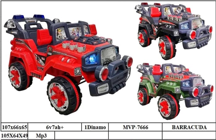 Mobil Aki Jeep Merah Lampu Musik Lagu + Remote 49 Mhz Baracuda Box @1